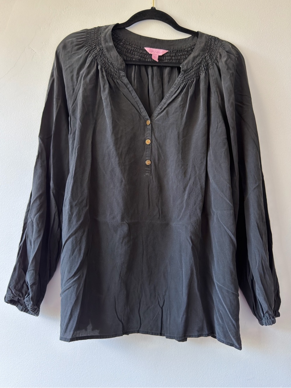 Lilly Pulitzer Black Smocked Silk Yoke Peasant Tunic